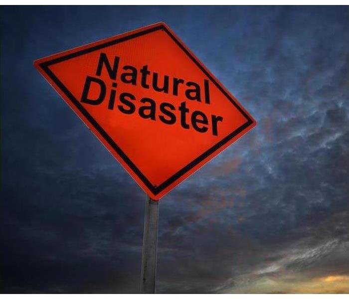 large red diamond shape sign with Natural Disaster written in large black print